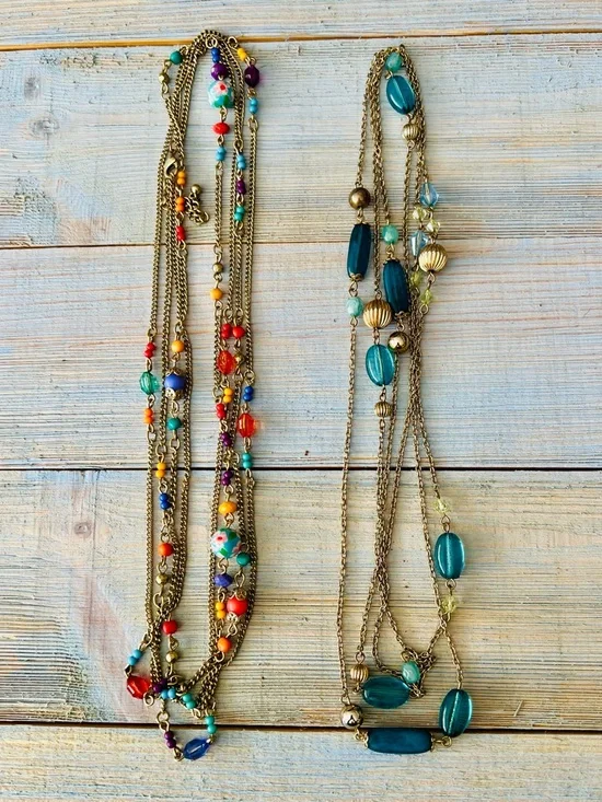2pc Necklace Set Teal Beaded Long, Multicolor Double Strand, Boho Festival - Picture 4 of 16